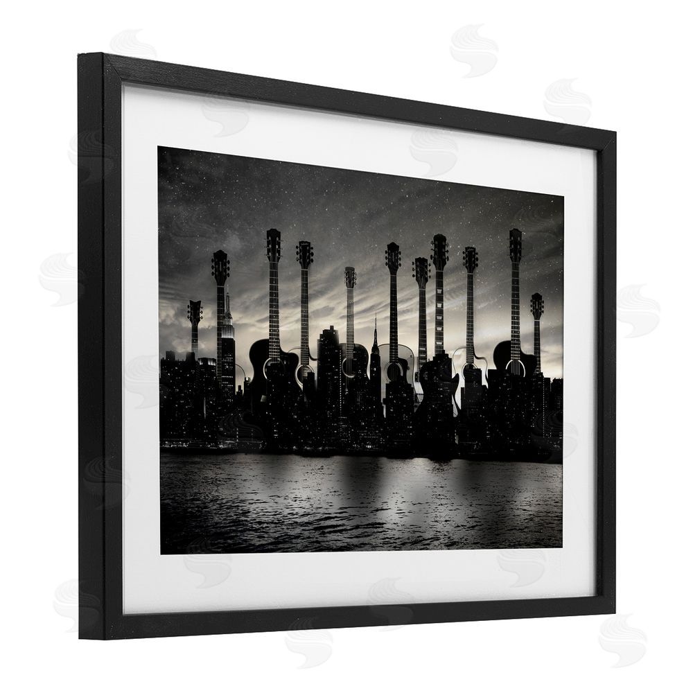 CAD Designs Guitar Skyline Cityscape Black Framed Print Under Glass Wall Art