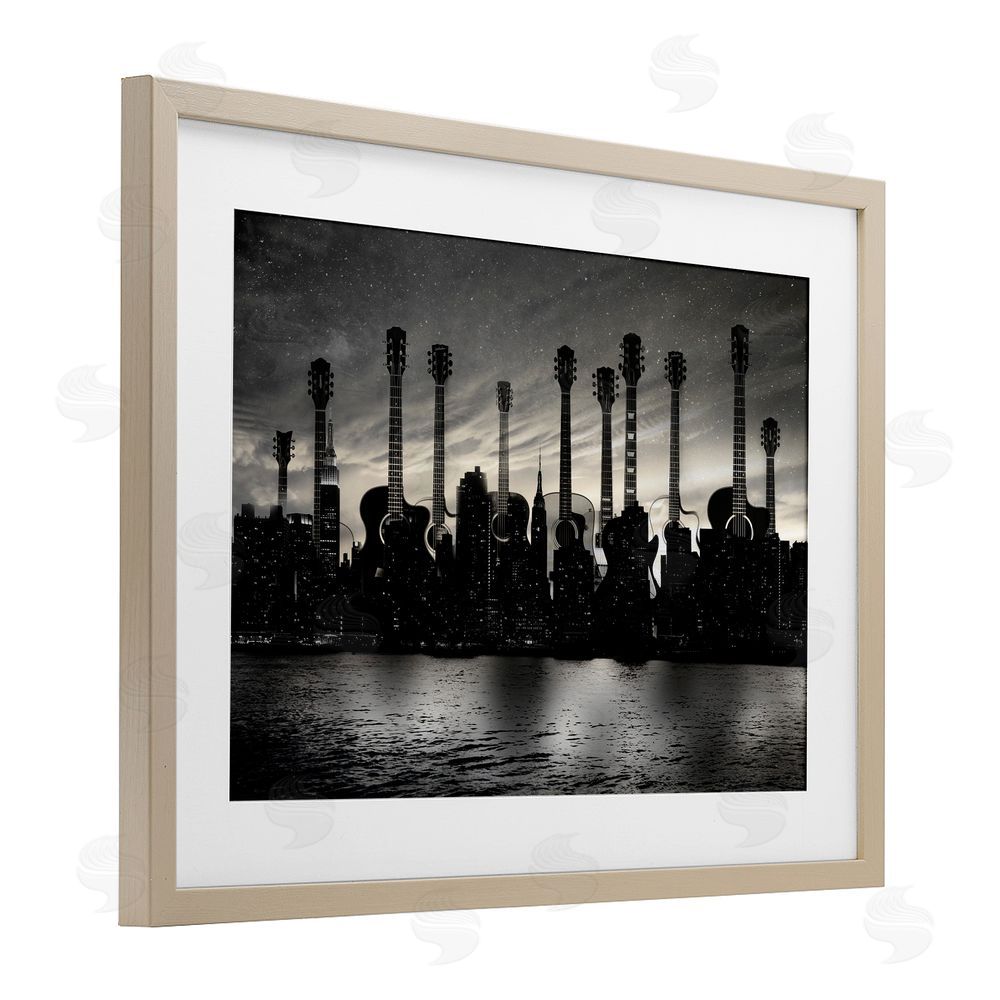 CAD Designs Guitar Skyline Cityscape Brown Framed Print Under Glass Wall Art