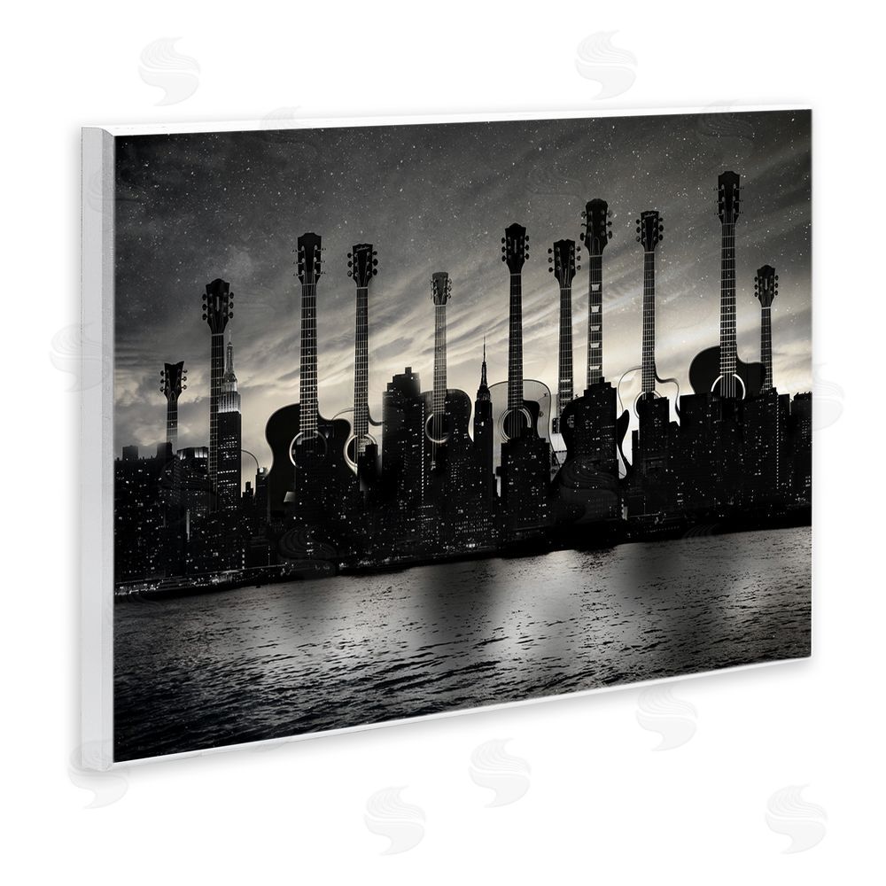CAD Designs Guitar Skyline Cityscape Wooden Wall Plaque Art Print