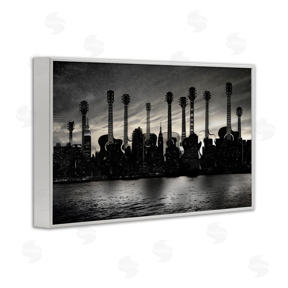 CAD Designs Guitar Skyline Cityscape White Framed Giclee Wall Art Print