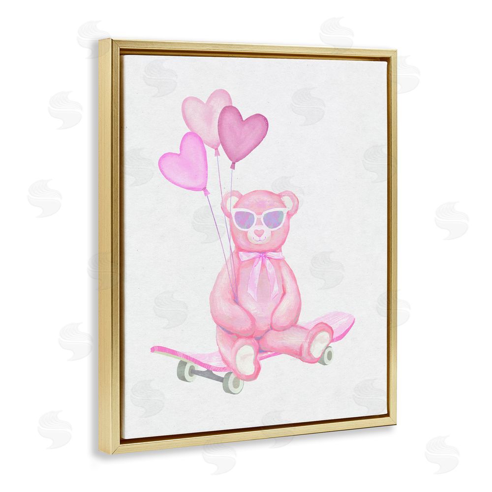 Ziwei Li Pink Teddy with Heart Balloons Gold Floating Frame Canvas Wall Art Print