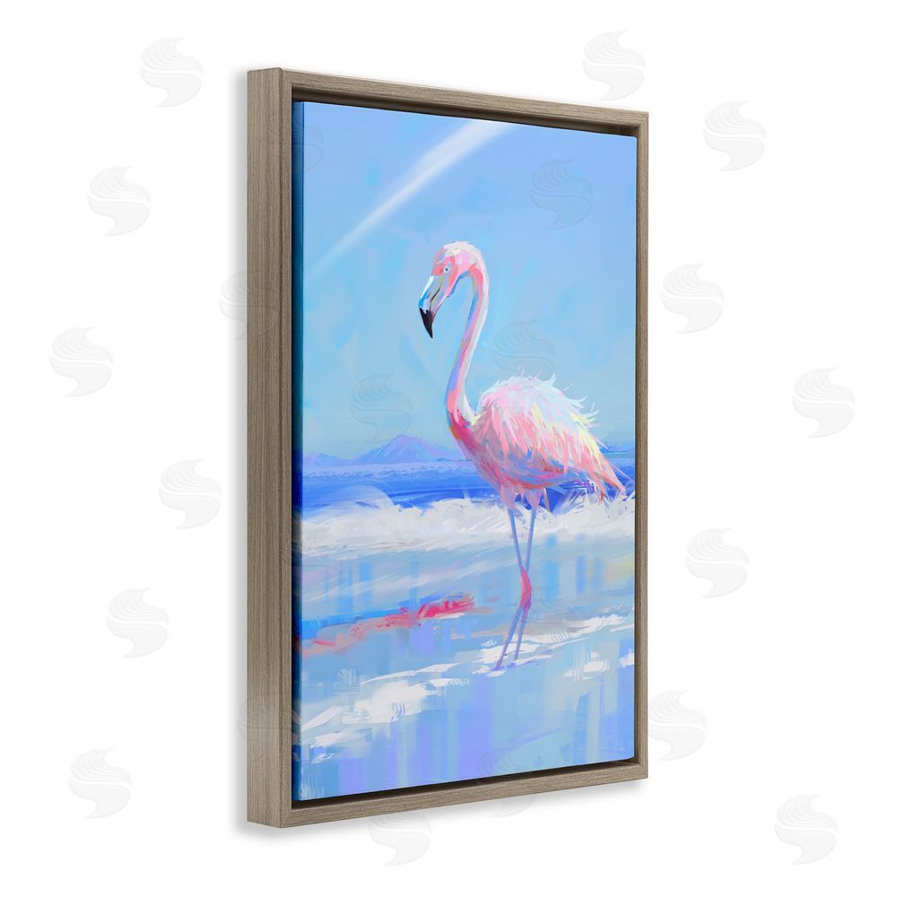 Ziwei Li Feathered Flamingo on Shore Brown Floating Frame Canvas Wall Art Print