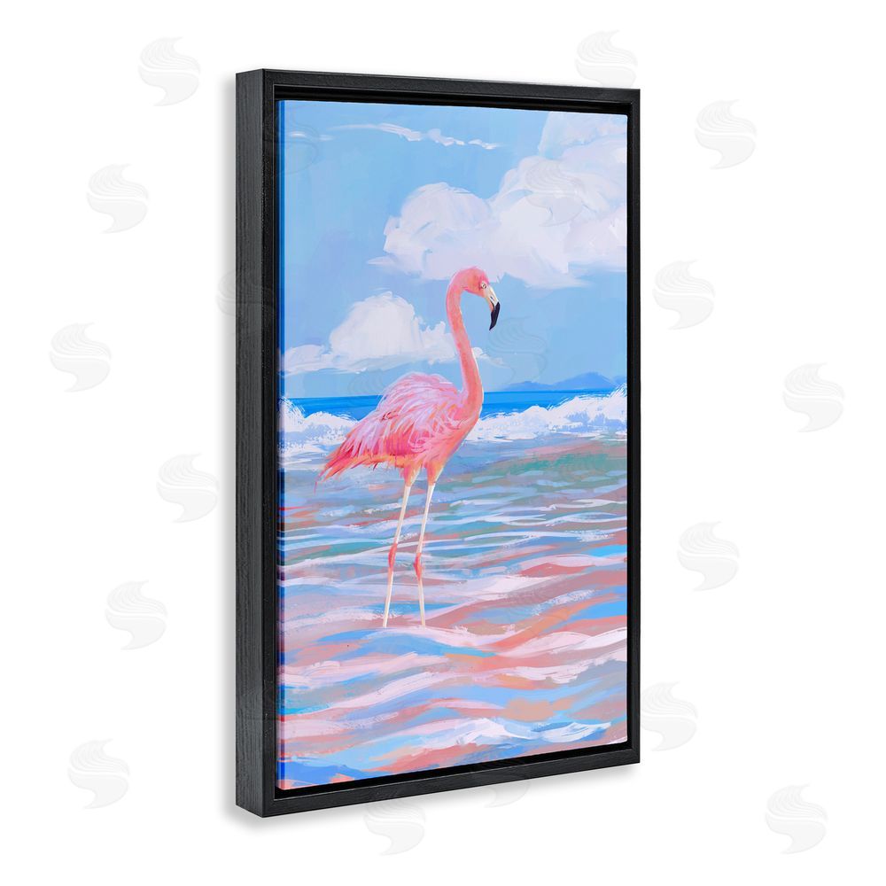 Ziwei Li Reflective Shore Flamingo Stance Black Floating Frame Canvas Wall Art Print