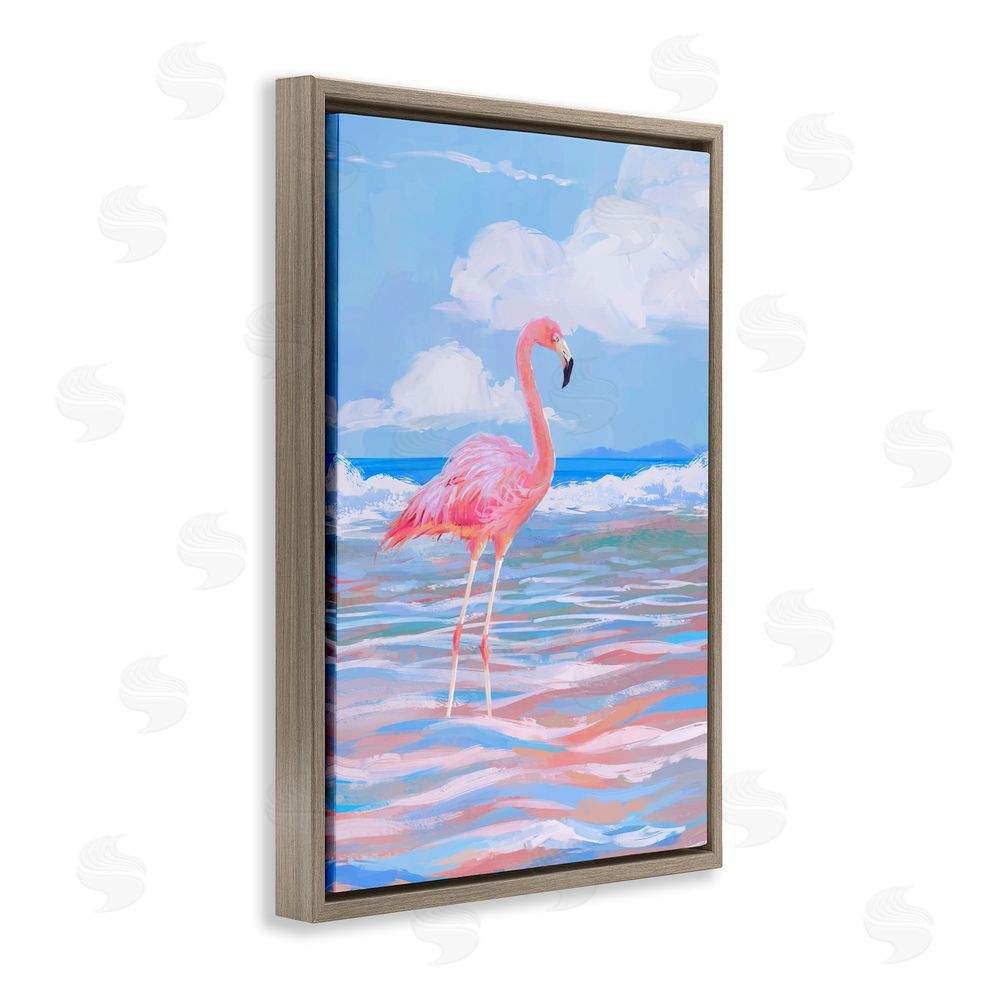 Ziwei Li Reflective Shore Flamingo Stance Brown Floating Frame Canvas Wall Art Print