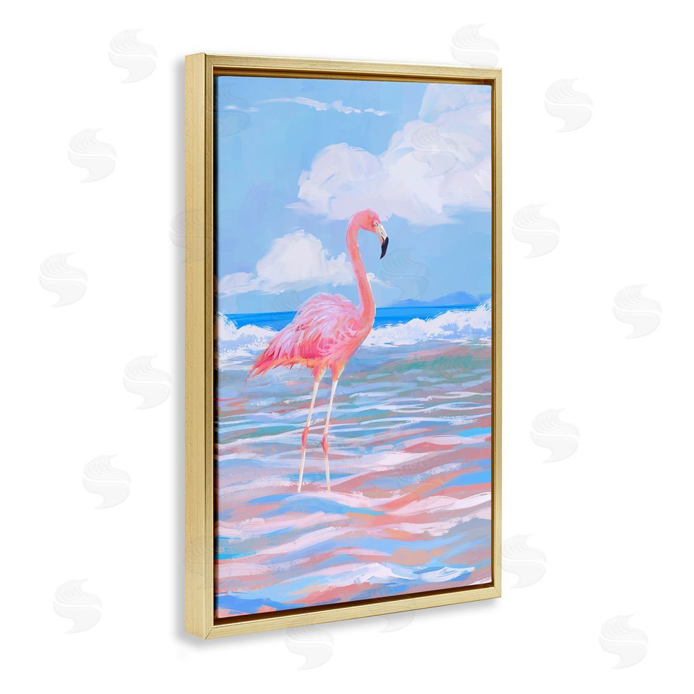 Ziwei Li Reflective Shore Flamingo Stance Gold Floating Frame Canvas Wall Art Print