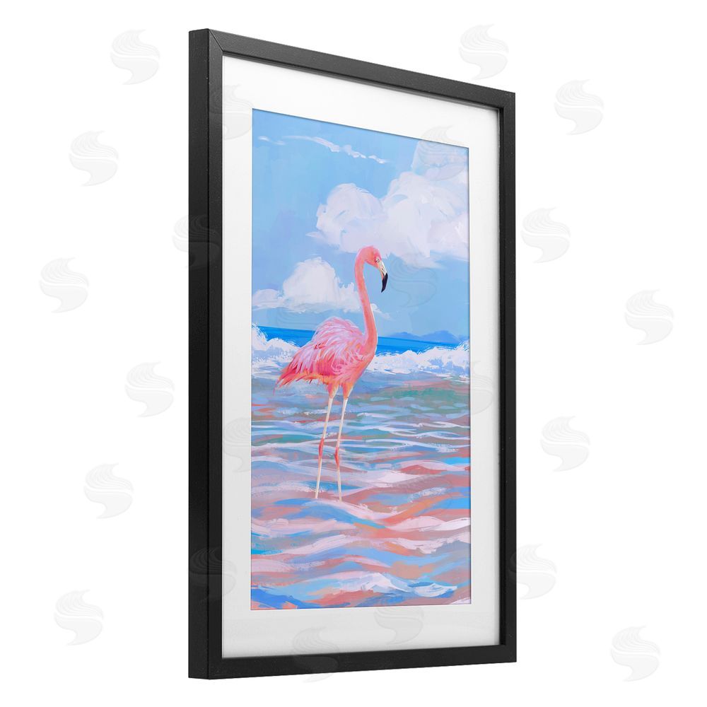 Ziwei Li Reflective Shore Flamingo Stance Black Framed Print Under Glass Wall Art