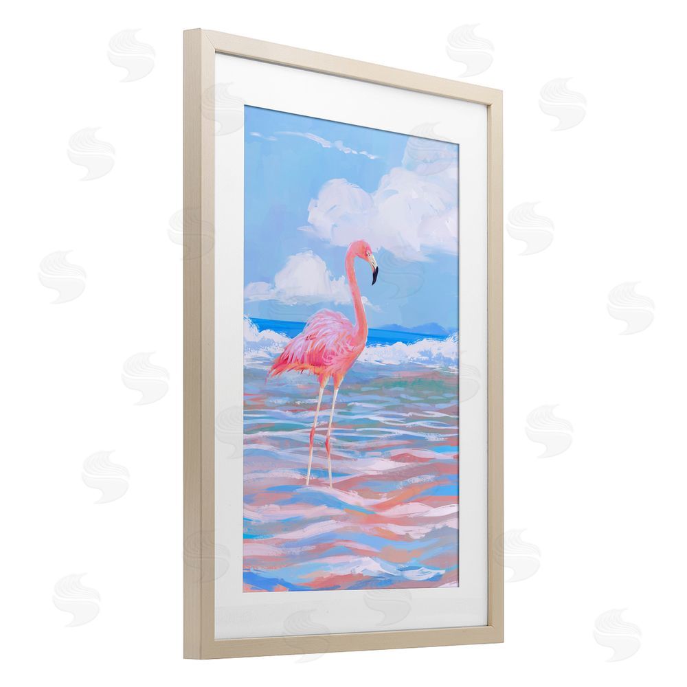 Ziwei Li Reflective Shore Flamingo Stance Brown Framed Print Under Glass Wall Art