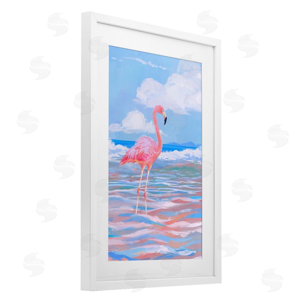 Ziwei Li Reflective Shore Flamingo Stance White Framed Print Under Glass Wall Art