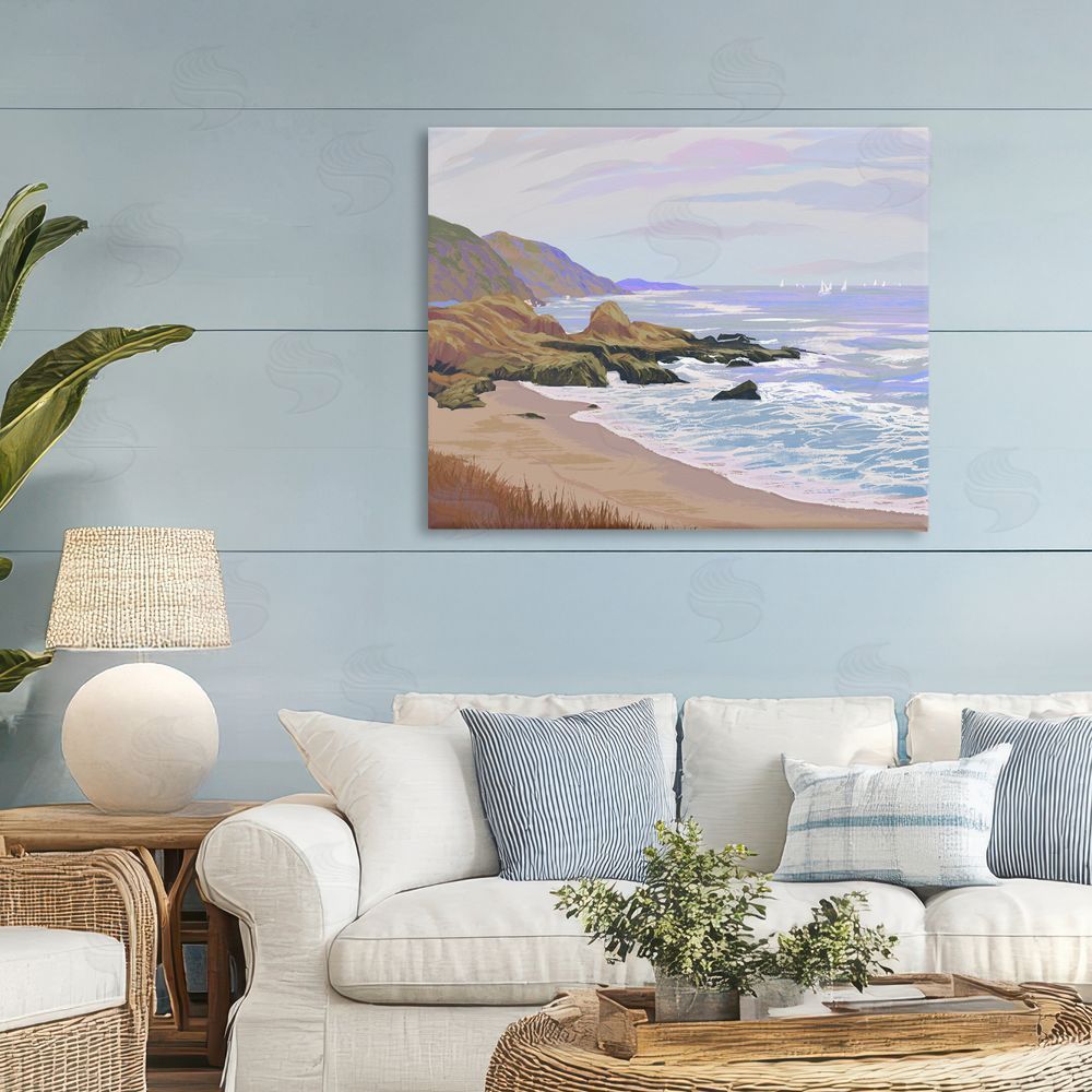 Ziwei Li Tranquil Cliffs & Distant Boats Stretched Canvas Wall Art in Room