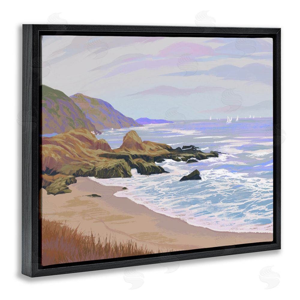Ziwei Li Tranquil Cliffs & Distant Boats Black Floating Frame Canvas Wall Art Print