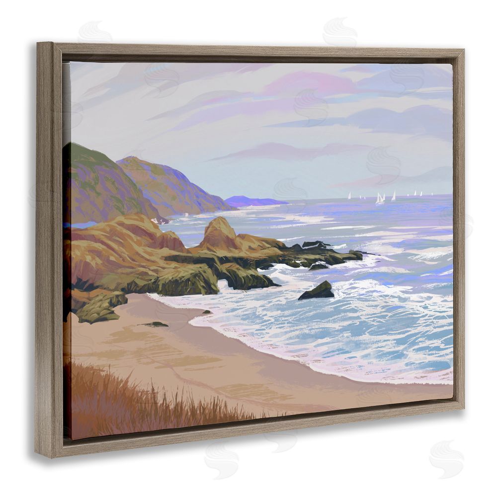 Ziwei Li Tranquil Cliffs & Distant Boats Brown Floating Frame Canvas Wall Art Print