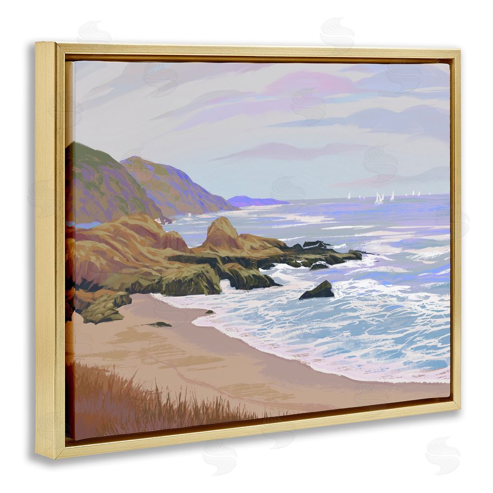 Ziwei Li Tranquil Cliffs & Distant Boats Gold Floating Frame Canvas Wall Art Print