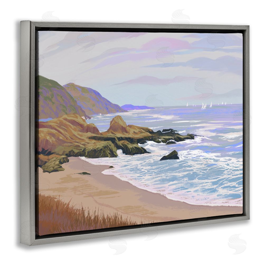 Ziwei Li Tranquil Cliffs & Distant Boats Gray Floating Frame Canvas Wall Art Print