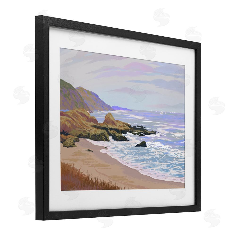Ziwei Li Tranquil Cliffs & Distant Boats Black Framed Print Under Glass Wall Art