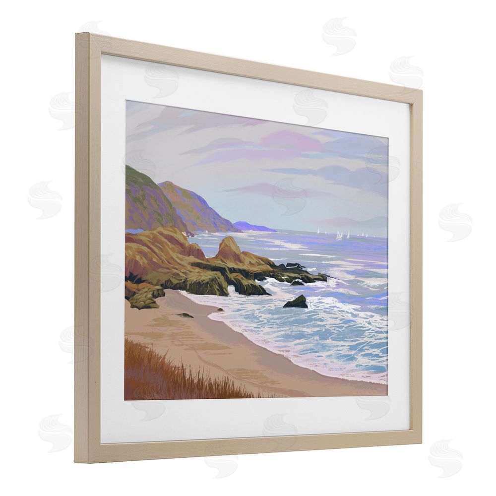 Ziwei Li Tranquil Cliffs & Distant Boats Brown Framed Print Under Glass Wall Art
