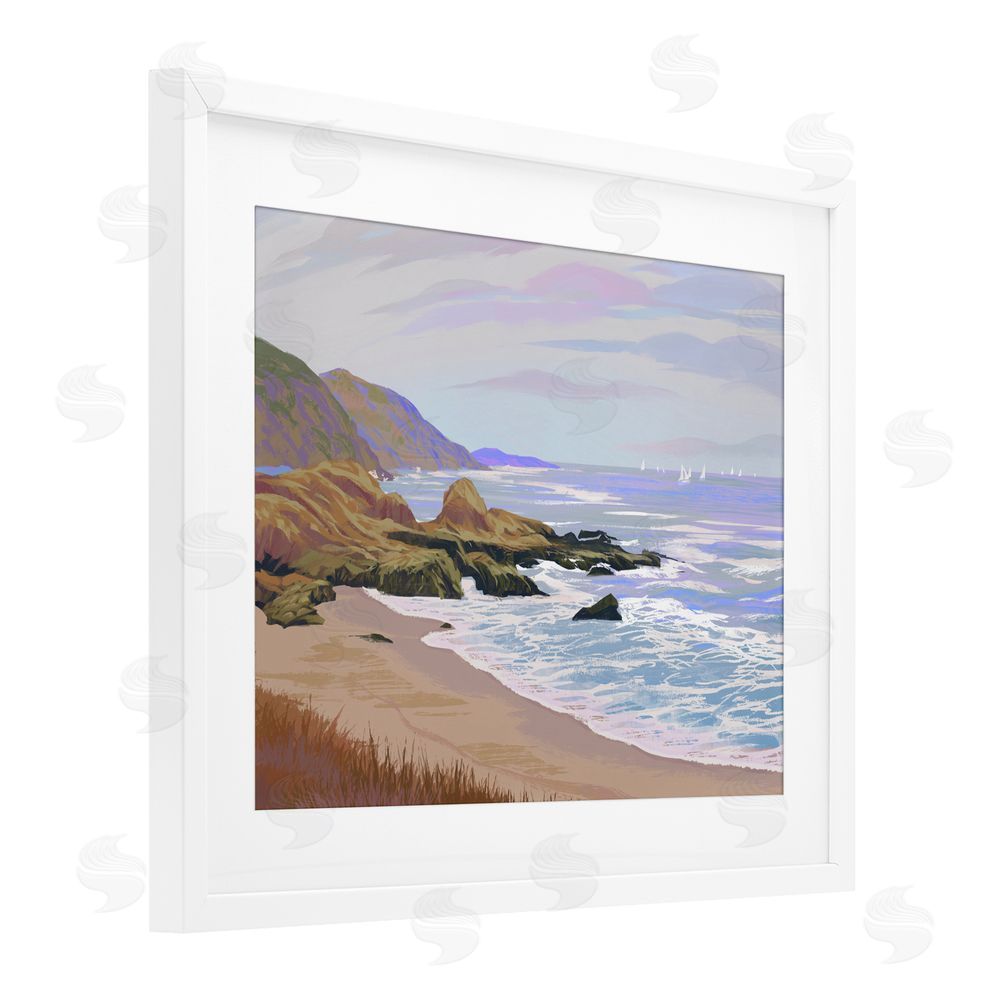 Ziwei Li Tranquil Cliffs & Distant Boats White Framed Print Under Glass Wall Art