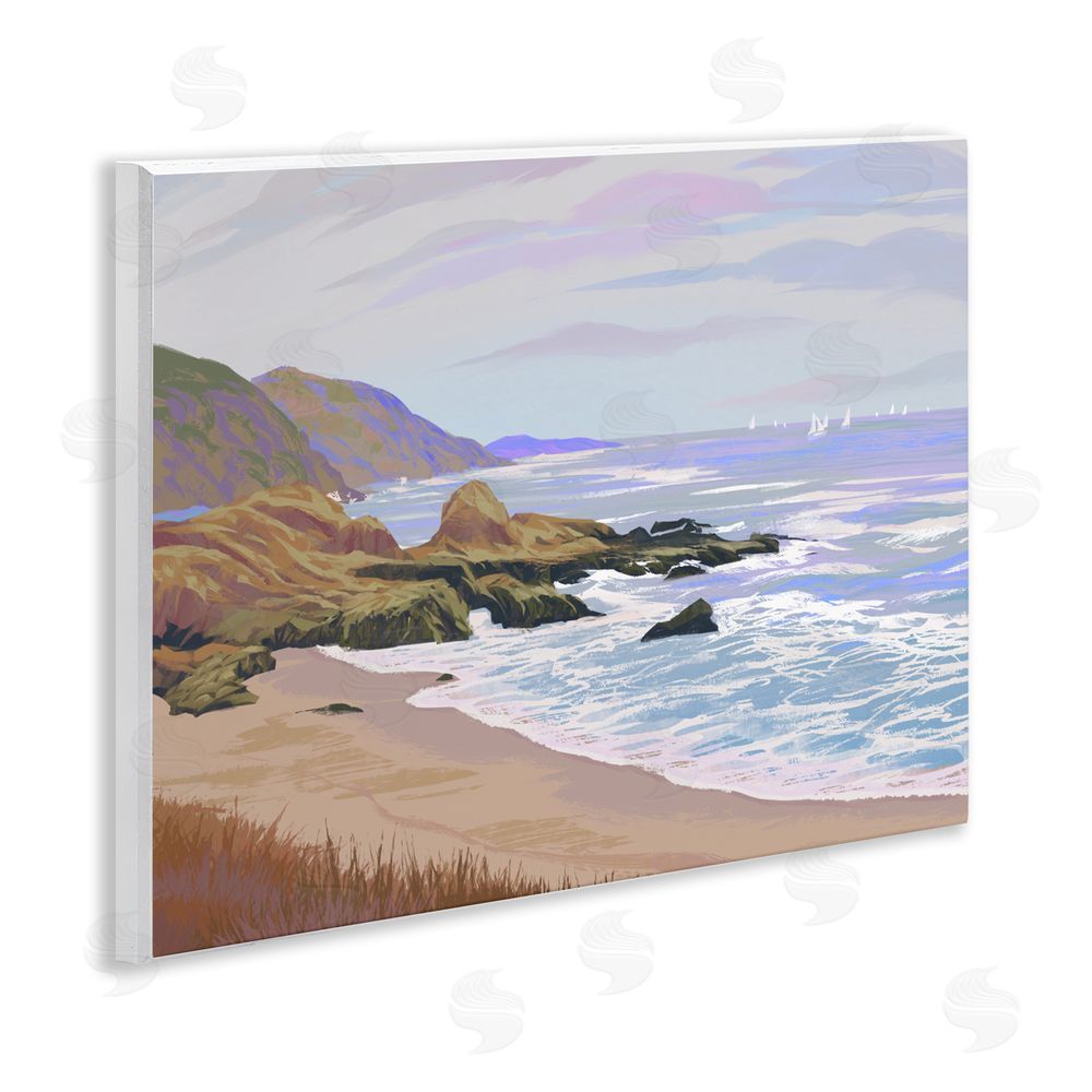 Ziwei Li Tranquil Cliffs & Distant Boats Wooden Wall Plaque Art Print