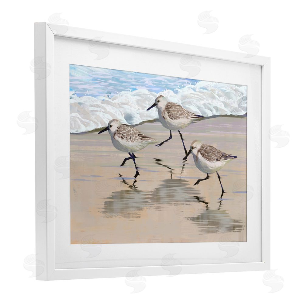 Ziwei Li Scurrying Sandpipers on Wet Sand White Framed Print Under Glass Wall Art
