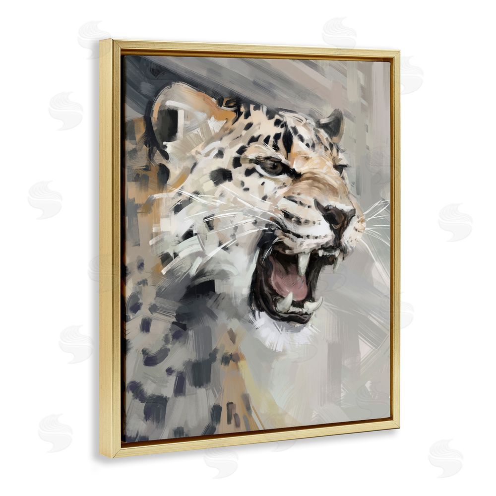 Ziwei Li Intense Roaring Leopard Gold Floating Frame Canvas Wall Art Print