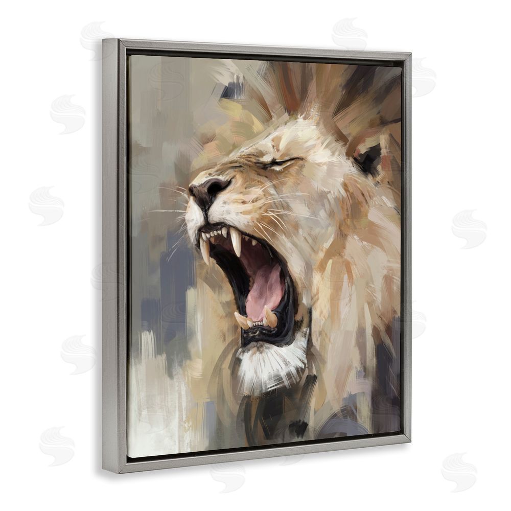 Ziwei Li Intense Roaring Lion Gray Floating Frame Canvas Wall Art Print