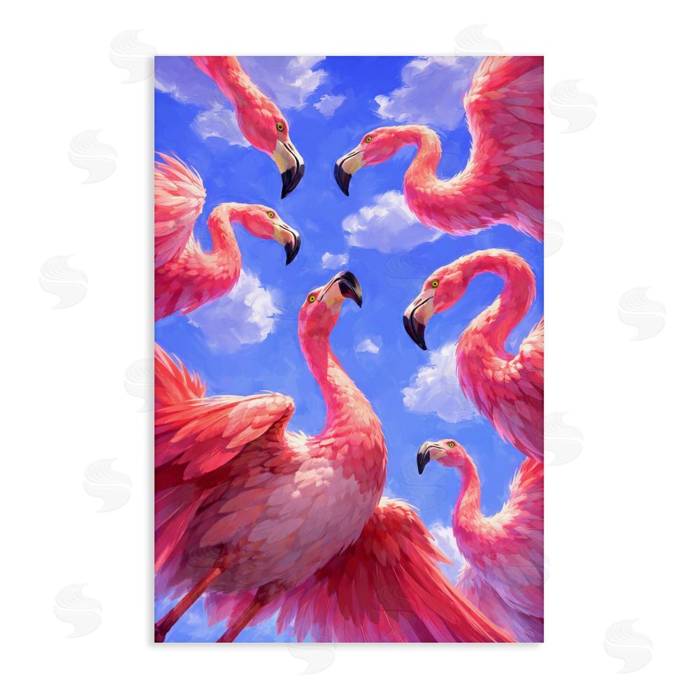 Ziwei Li Tropical Flamingos View From Below Stretched Canvas Wall Art Print