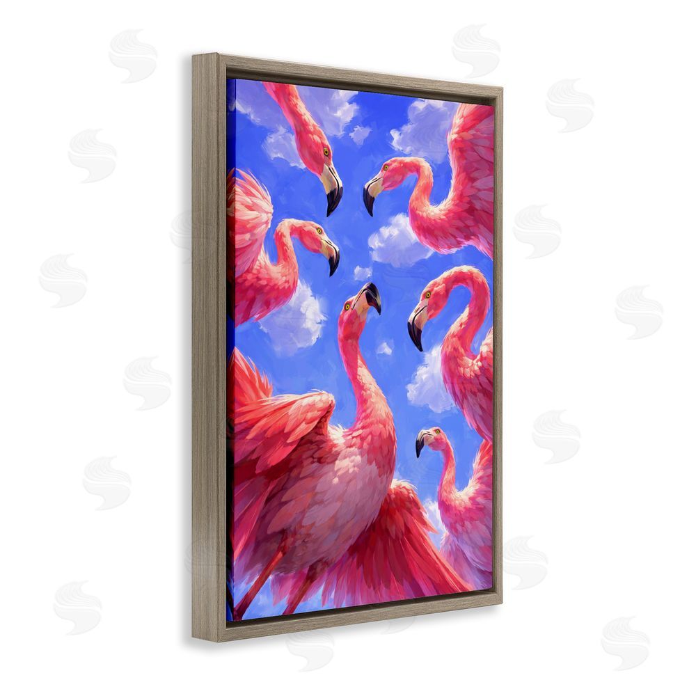Ziwei Li Tropical Flamingos View From Below Brown Floating Frame Canvas Wall Art Print
