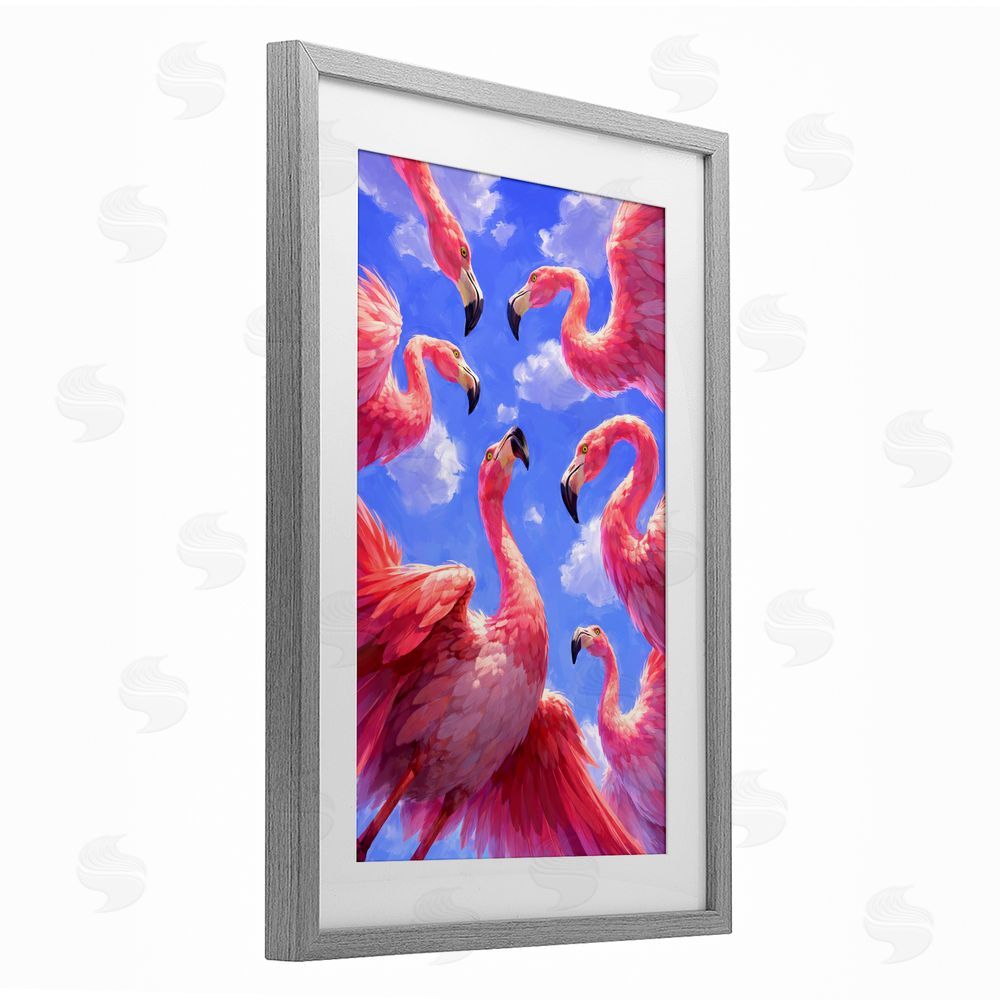 Ziwei Li Tropical Flamingos View From Below Gray Framed Print Under Glass Wall Art