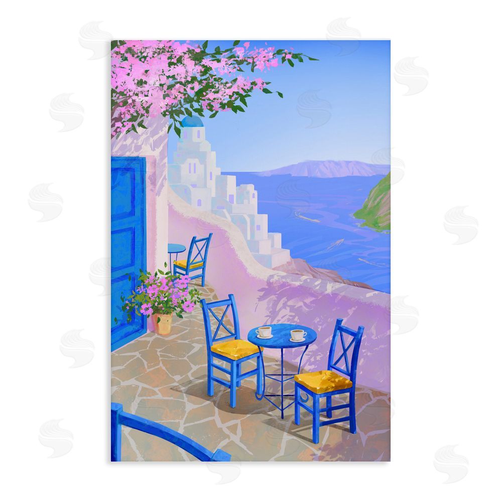 Ziwei Li Sunlit Ocean View Terrace Stretched Canvas Wall Art Print