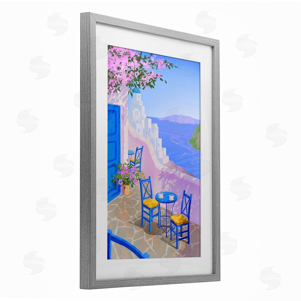 Ziwei Li Sunlit Ocean View Terrace Gray Framed Print Under Glass Wall Art