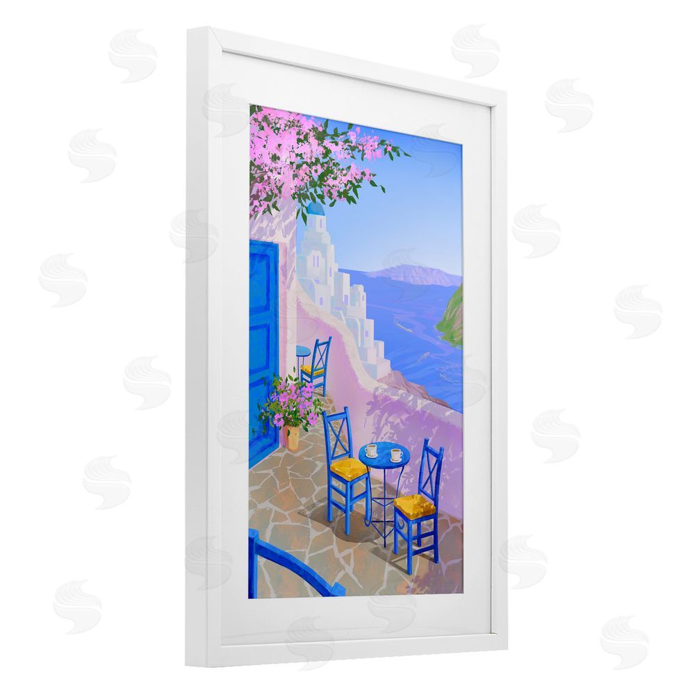 Ziwei Li Sunlit Ocean View Terrace White Framed Print Under Glass Wall Art