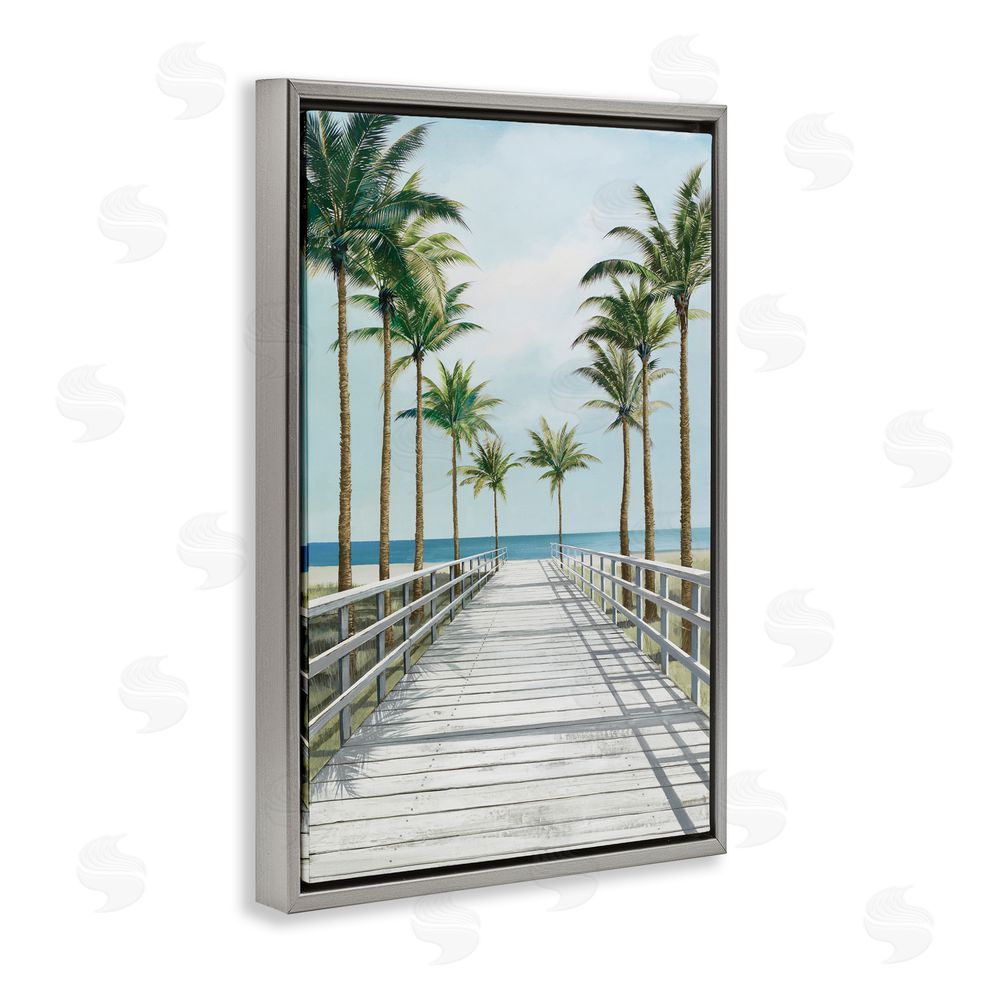 Lorenzo Collective Palm Lined Boardwalk To The Beach Gray Floating Frame Canvas Wall Art Print