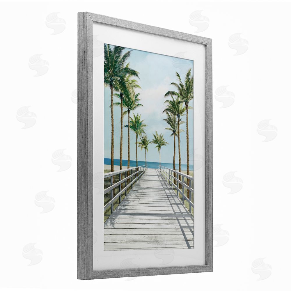 Lorenzo Collective Palm Lined Boardwalk To The Beach Gray Framed Print Under Glass Wall Art