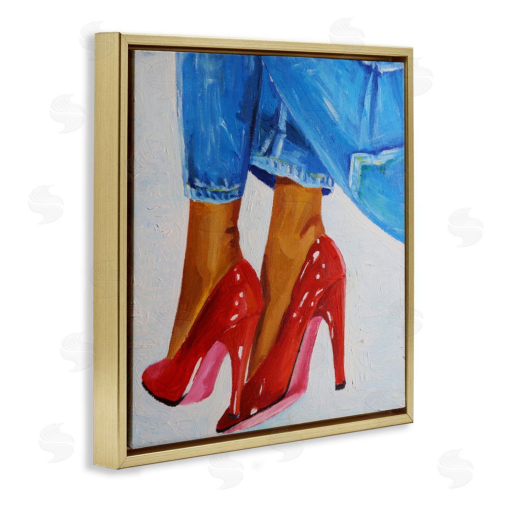 Violeta Vollmer Glossy Red Pumps & Jeans Gold Floating Framed Canvas Wall Art