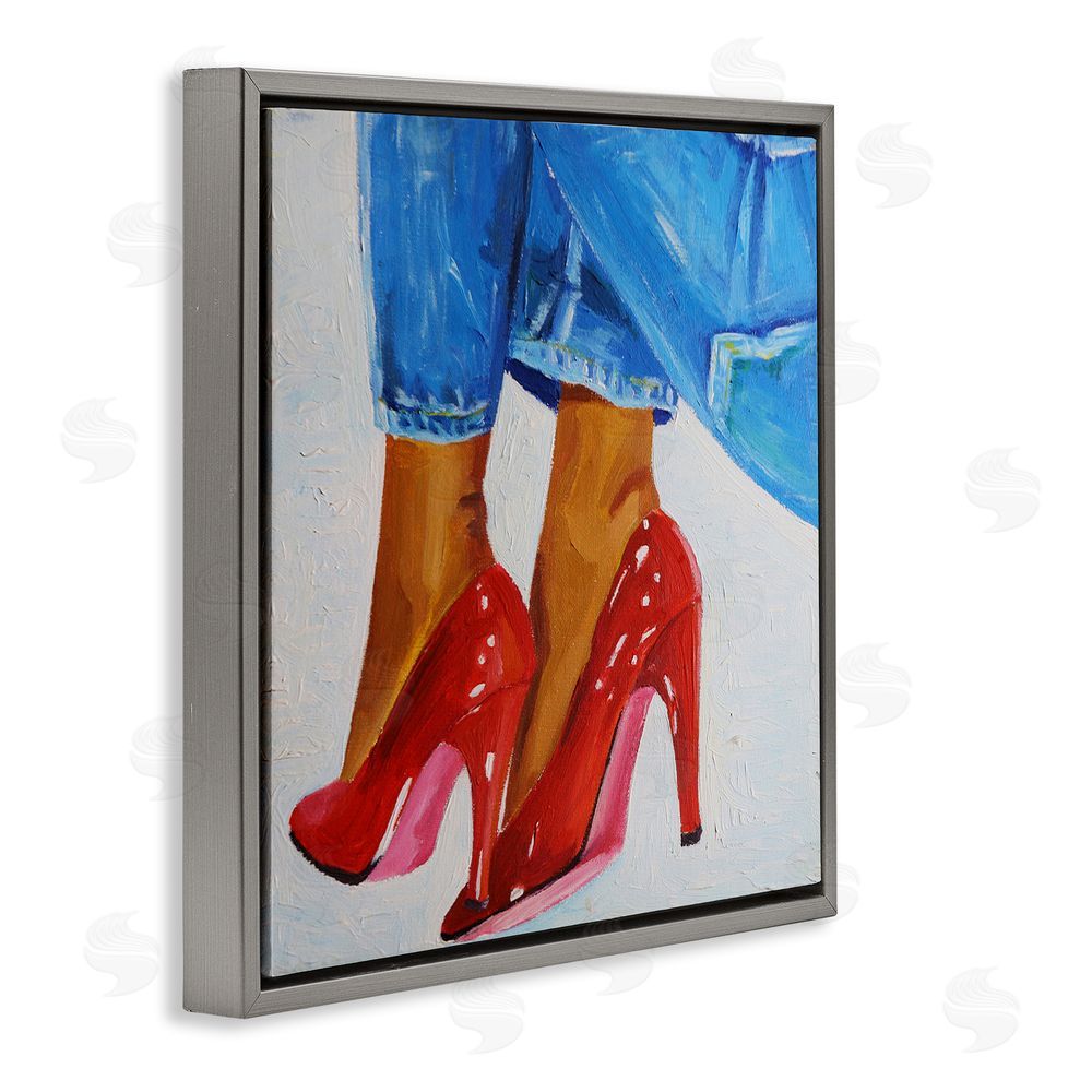 Violeta Vollmer Glossy Red Pumps & Jeans Gray Floating Framed Canvas Wall Art