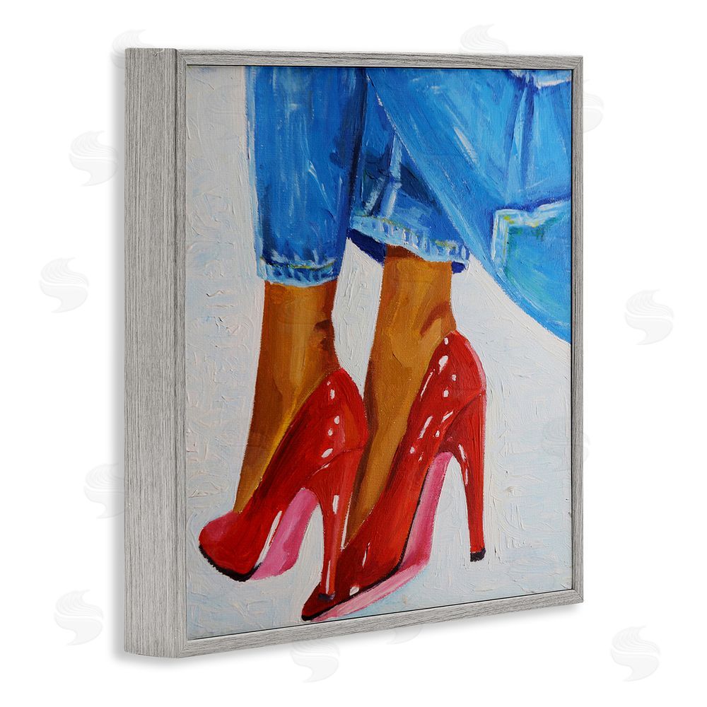 Violeta Vollmer Glossy Red Pumps & Jeans Gray Framed Giclee Wall Art