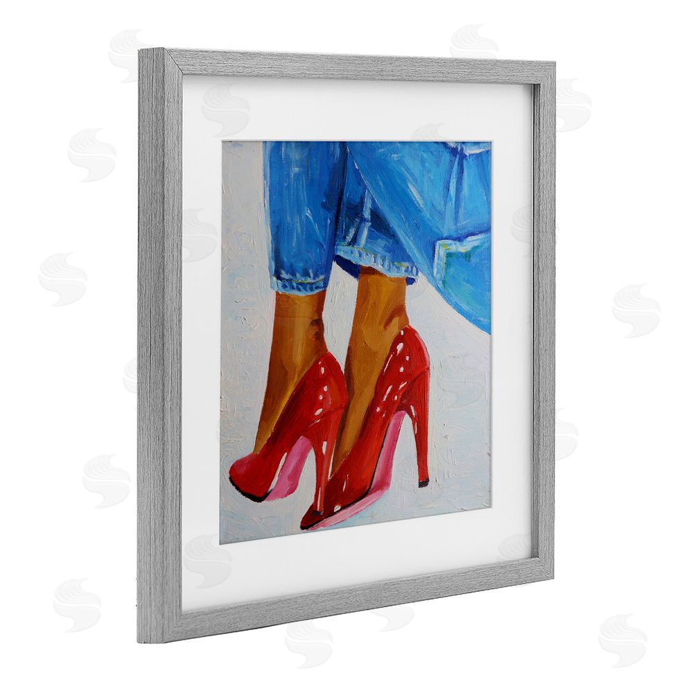 Violeta Vollmer Glossy Red Pumps & Jeans Gray Framed Print Under Glass Wall Art