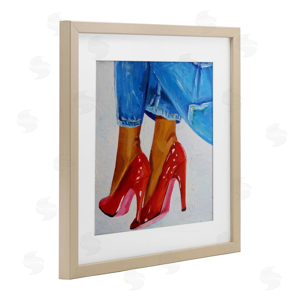 Violeta Vollmer Glossy Red Pumps & Jeans Brown Framed Print Under Glass Wall Art