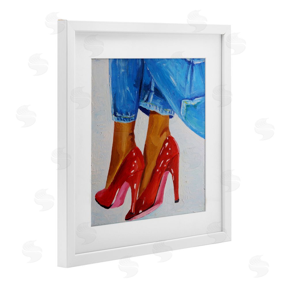 Violeta Vollmer Glossy Red Pumps & Jeans White Framed Print Under Glass Wall Art