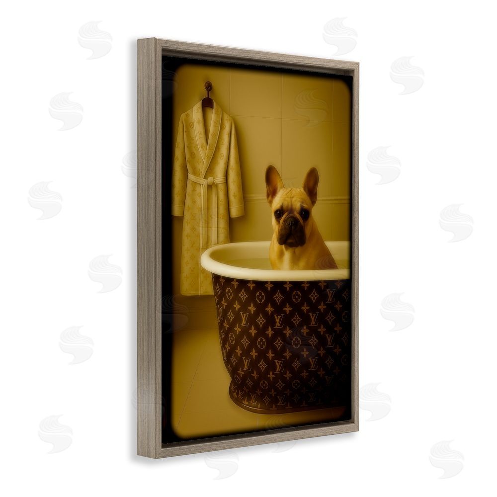 Grotto Studios Couture French Bulldog in Luxury Tub Brown Floating Frame Canvas Wall Art Print