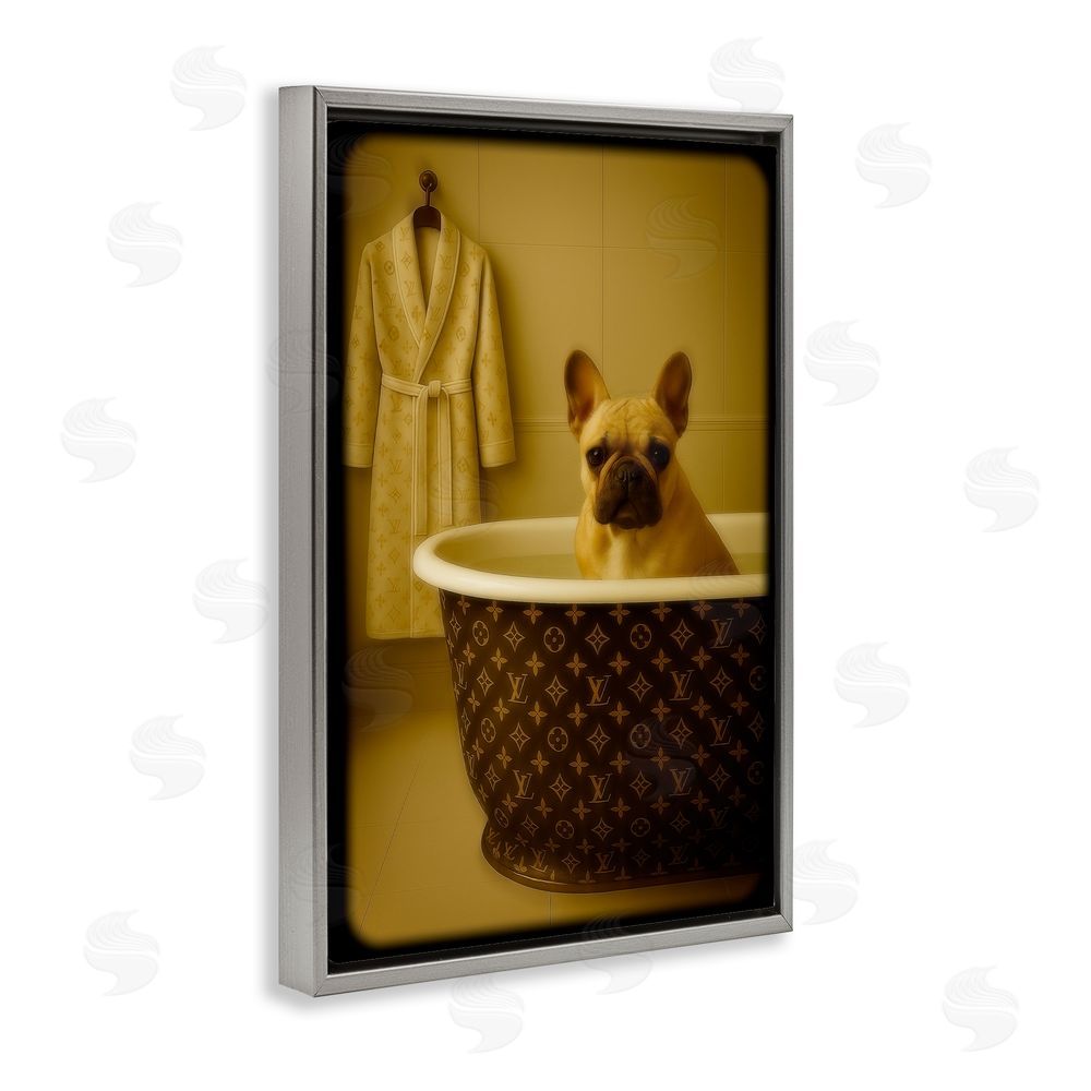 Grotto Studios Couture French Bulldog in Luxury Tub Gray Floating Frame Canvas Wall Art Print