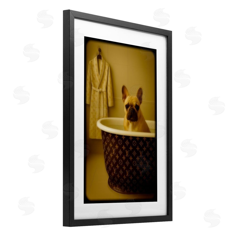 Grotto Studios Couture French Bulldog in Luxury Tub Black Framed Print Under Glass Wall Art