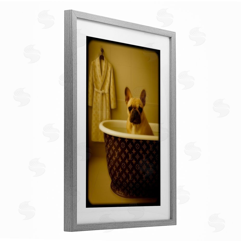 Grotto Studios Couture French Bulldog in Luxury Tub Gray Framed Print Under Glass Wall Art