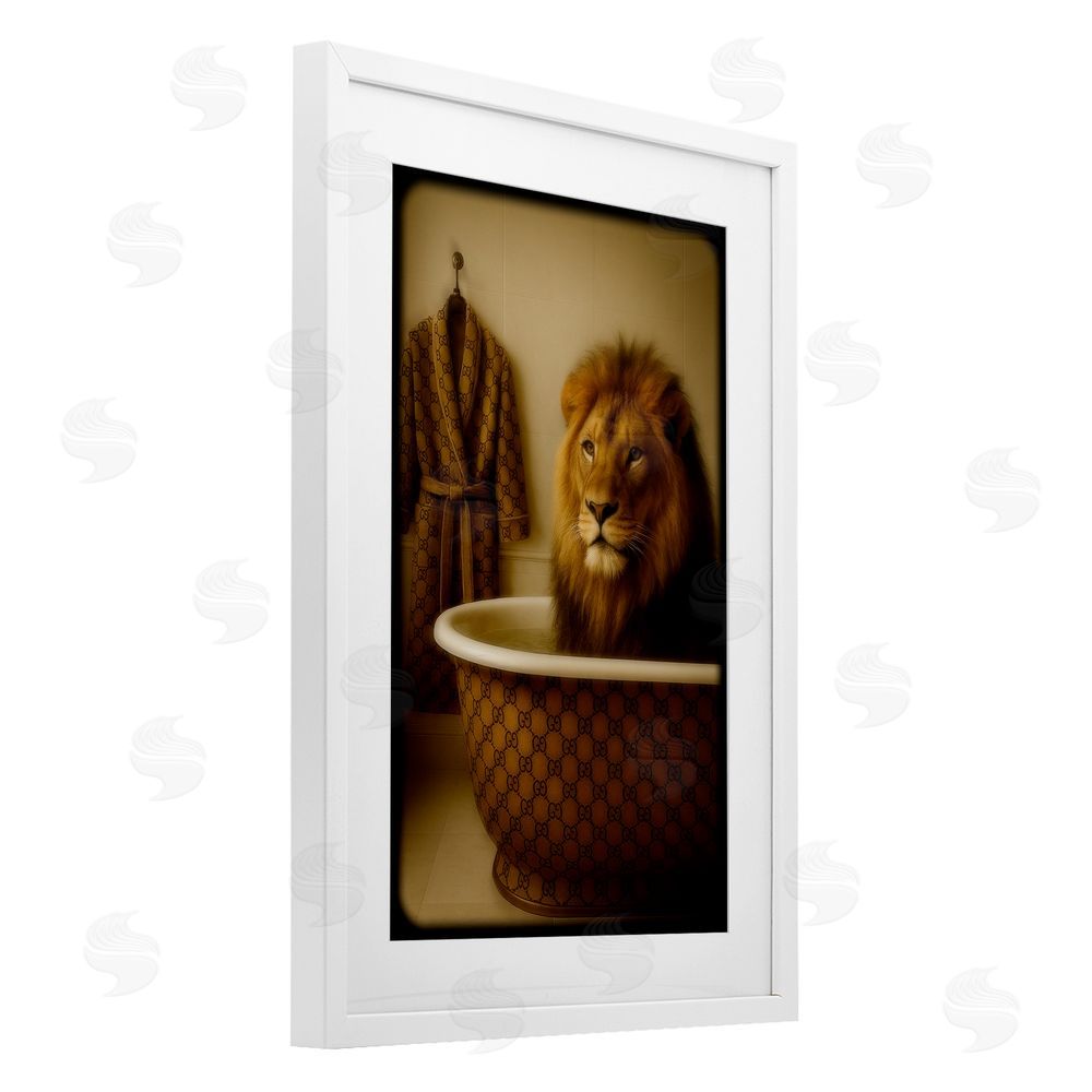 Grotto Studios Couture Lion in Luxury Tub White Framed Print Under Glass Wall Art