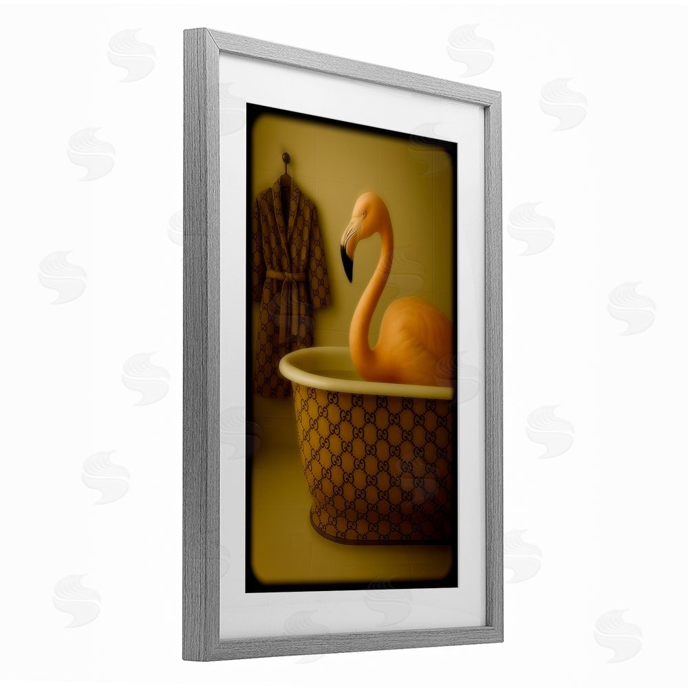 Grotto Studios Couture Flamingo in Luxury Tub Gray Framed Print Under Glass Wall Art
