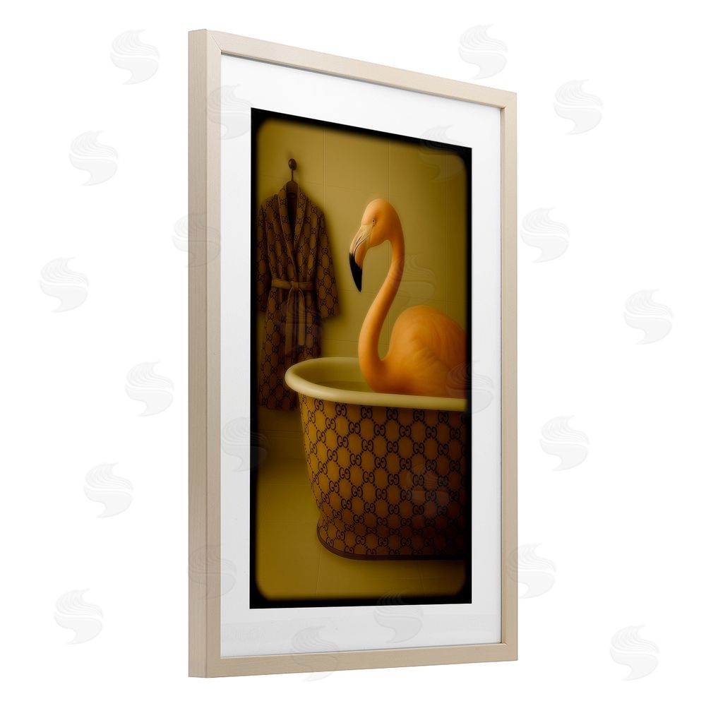 Grotto Studios Couture Flamingo in Luxury Tub Brown Framed Print Under Glass Wall Art