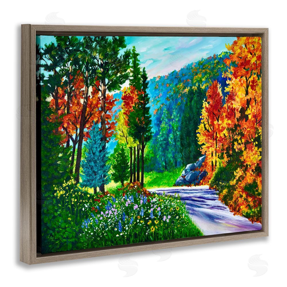 Lee Ann Zirbes Sunlit Autumn Woodland Pathway Brown Floating Framed Canvas Wall Art Print