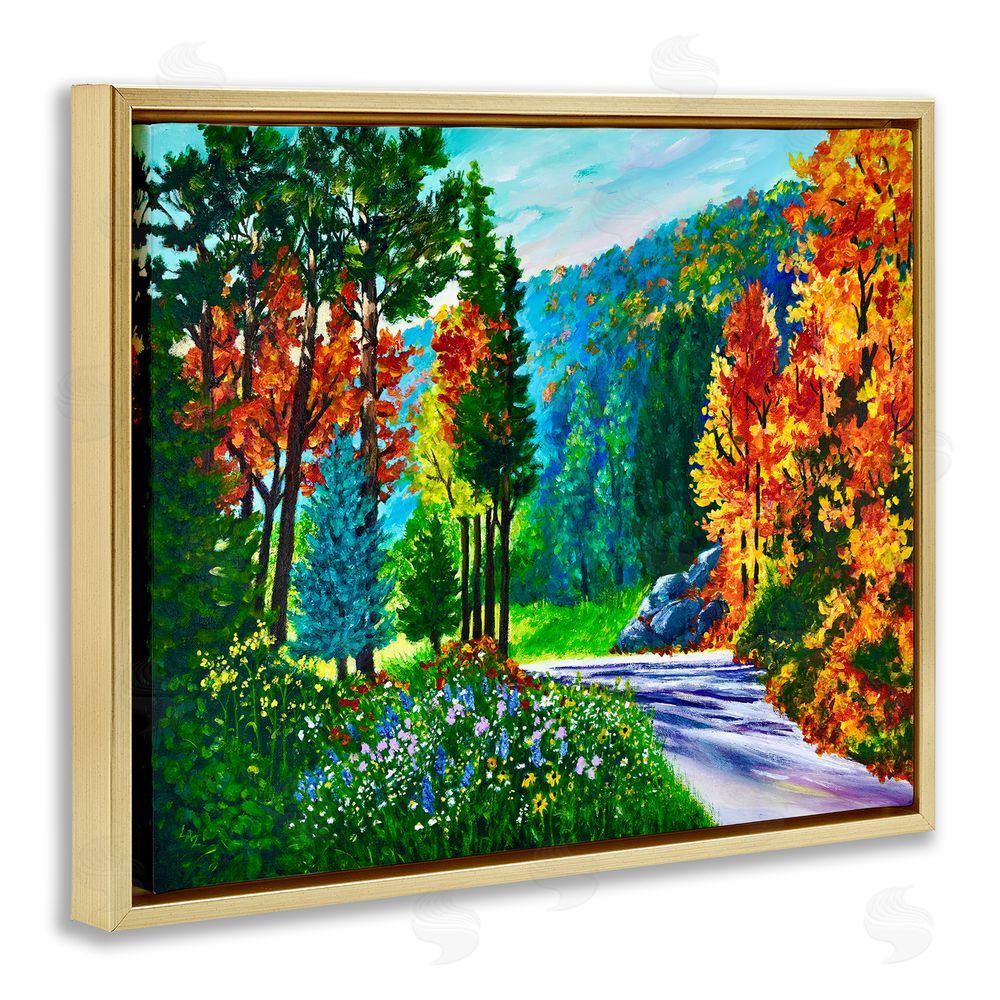 Lee Ann Zirbes Sunlit Autumn Woodland Pathway Gold Floating Framed Canvas Wall Art Print