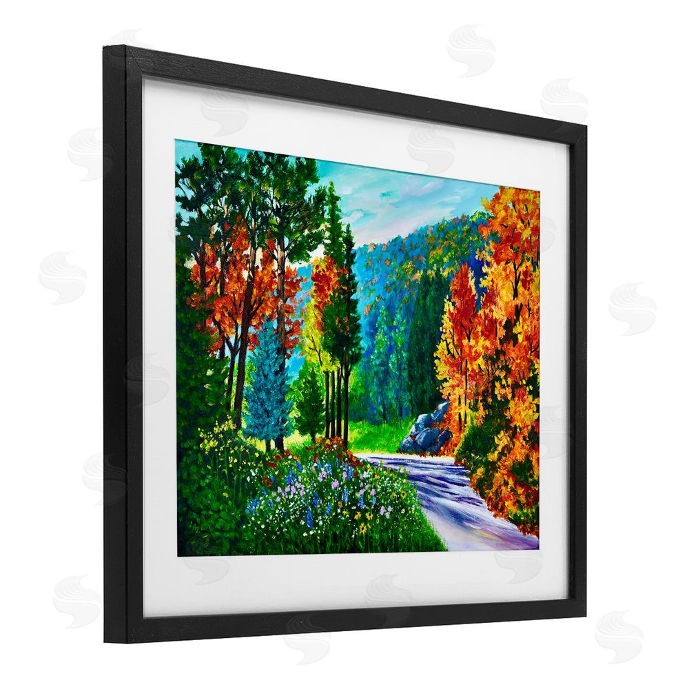 Lee Ann Zirbes Sunlit Autumn Woodland Pathway Black Framed Print Under Glass with White Mat Wall Art