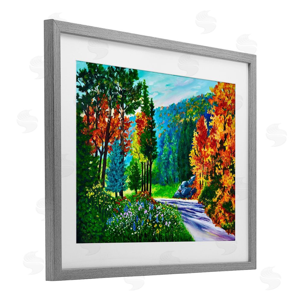 Lee Ann Zirbes Sunlit Autumn Woodland Pathway Gray Framed Print Under Glass with White Mat Wall Art
