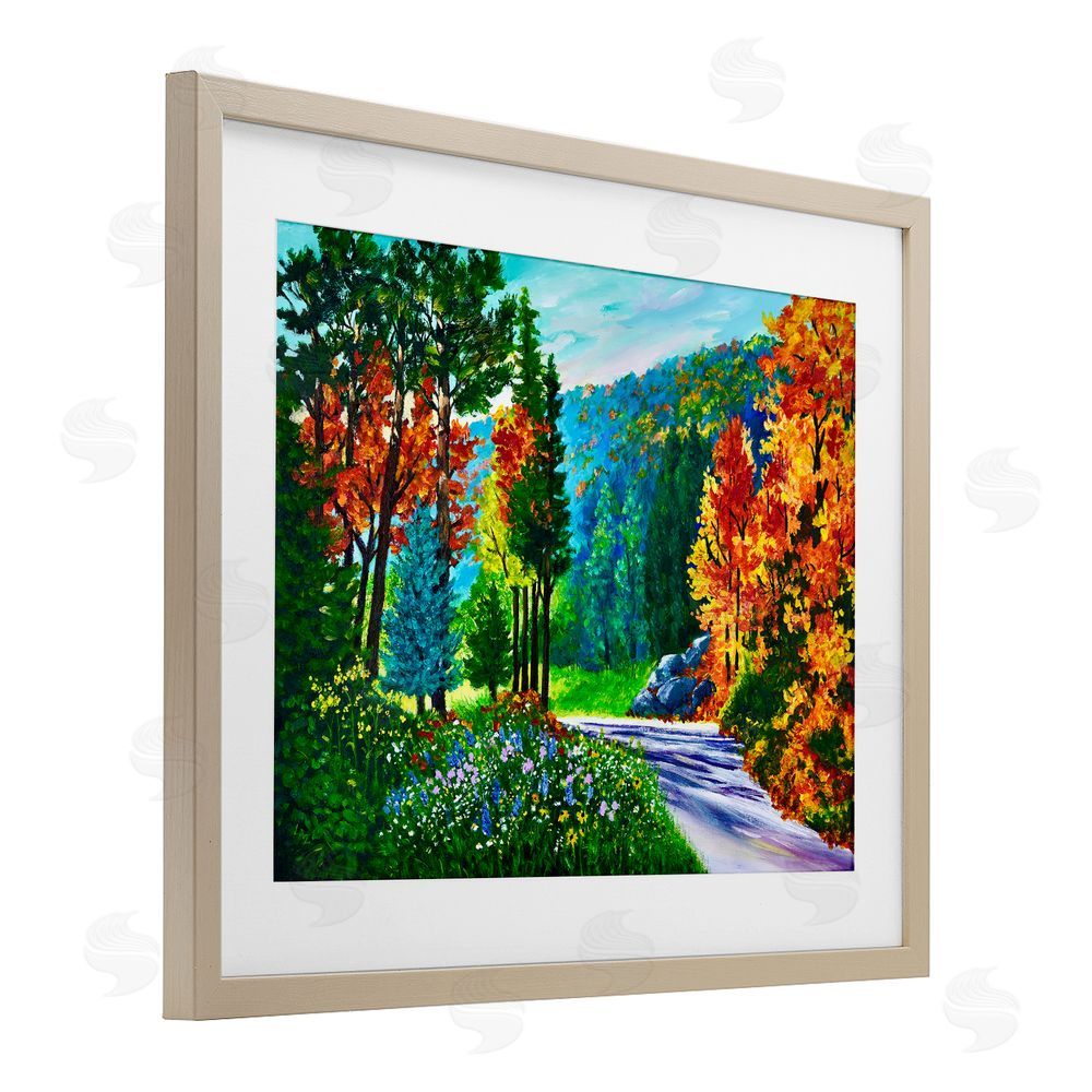 Lee Ann Zirbes Sunlit Autumn Woodland Pathway Brown Framed Print Under Glass with White Mat Wall Art